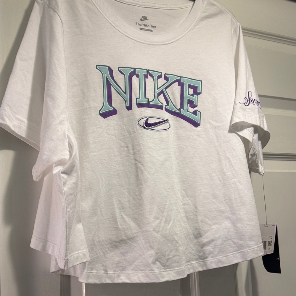 Nike White Tee with Purple and Teal Logo